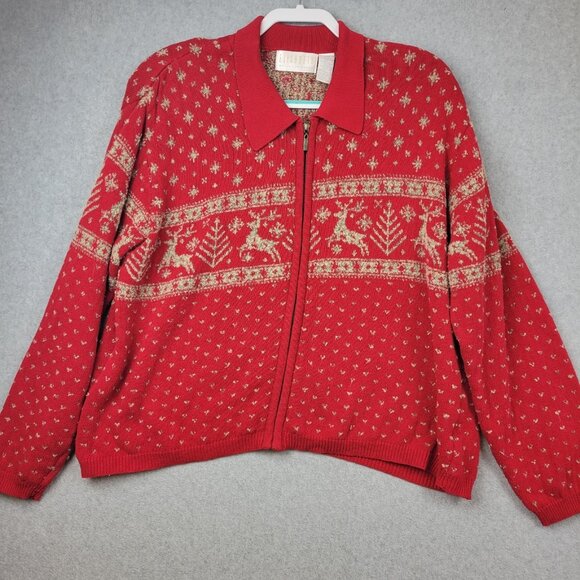 Vintage Womens Sweater Size 2X Deer Trees Snowflakes Birsdeye Fair Isle Red - Picture 1 of 15